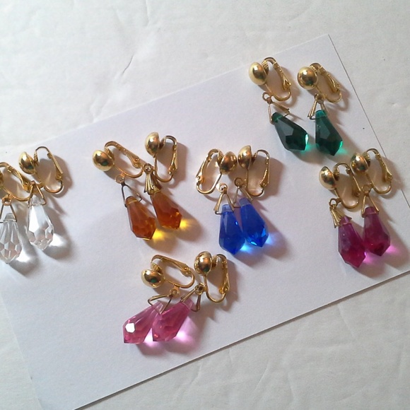 Teardrop Gem Colored Clip Earrings Leverbacks - Picture 8 of 8
